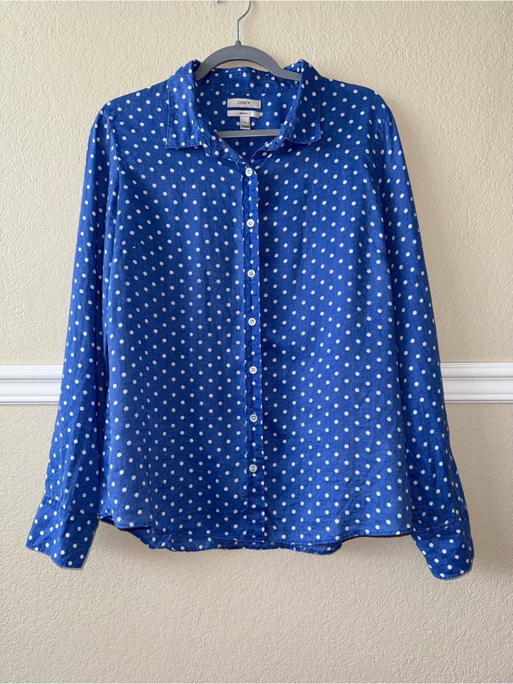 J. Crew 100% Linen Royal Blue Polka Dot Button Down Shirt Long Sleeve 12 Large